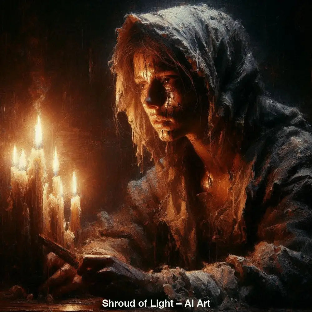 Shroud of Light – AI Art, geheimnisvolle Frau im Kerzenschein mit melancholischer Atmosphäre und barocker Lichtstimmung
