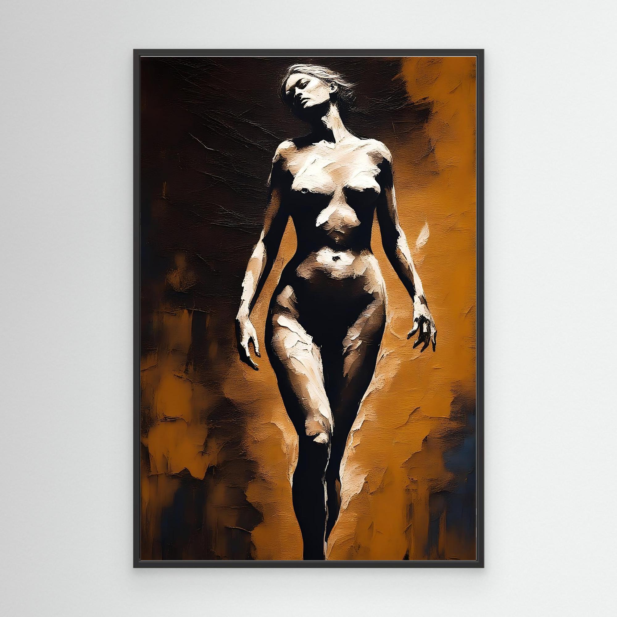 Silent Anatomy Canvas in Schwarz mit abstrakter weiblicher Silhouette in warmen Gold- und Dunkeltönen