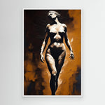 Silent Anatomy Canvas in Weiß mit stilisiertem Frauenakt in Schwarz-, Gold- und Bernsteintönen