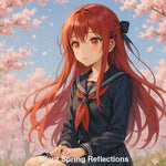 Anime girl with red hair in school uniform sitting under cherry blossom trees, peaceful spring scene in soft light