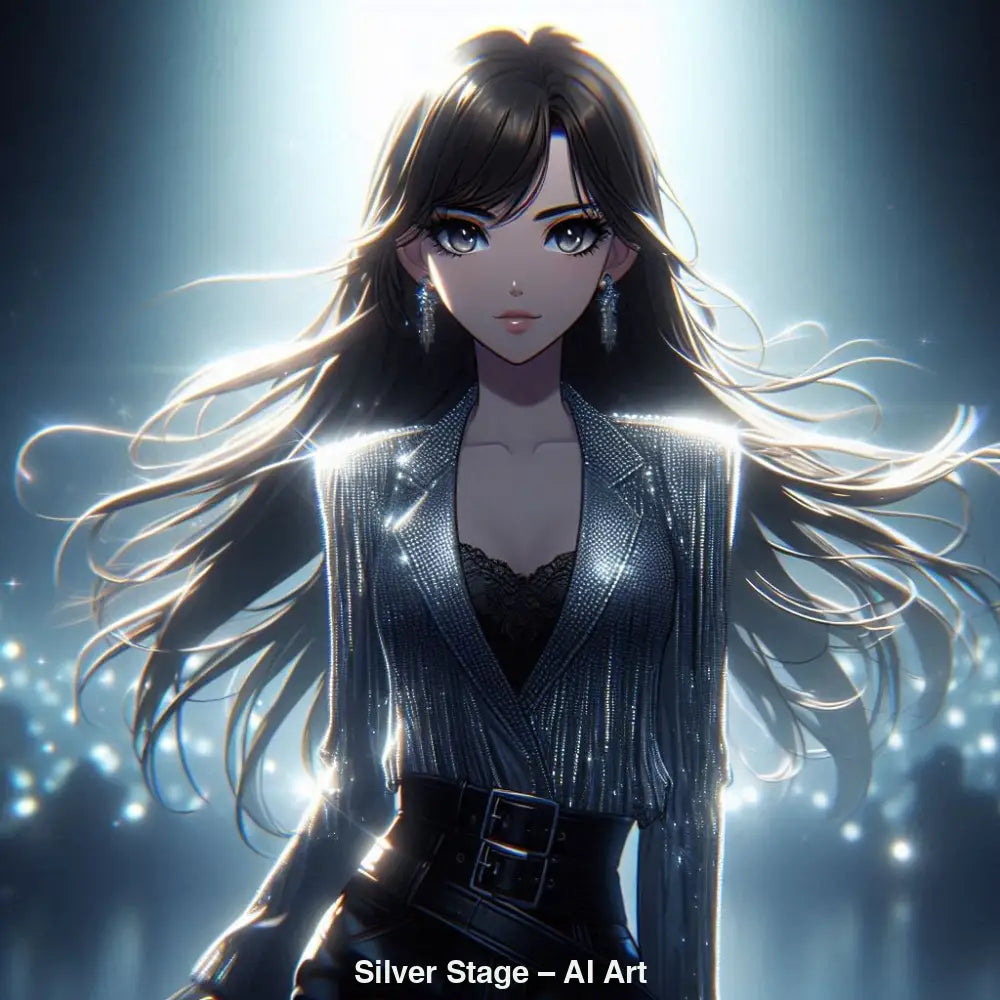 Silver Stage – AI Art, K-Pop Idol im silbernen Outfit im Spotlight, elegante Pose mit schwebenden Lichtpartikeln.