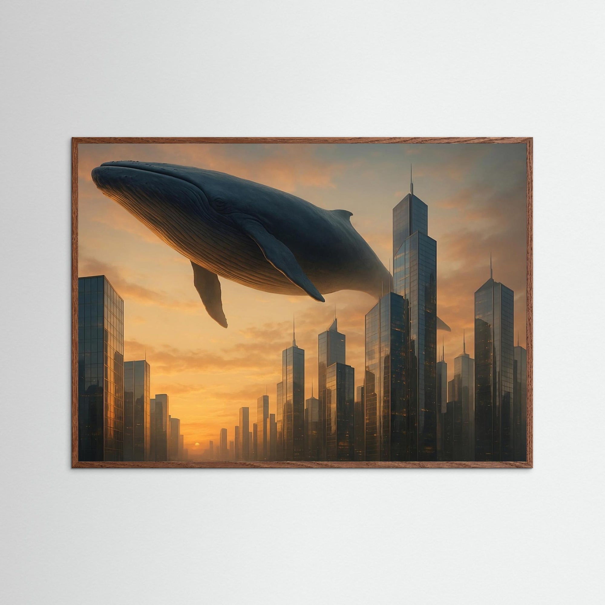 Sky Whale Over the City als Kunstwerk mit Echtholzrahmen in Eiche Dunkel