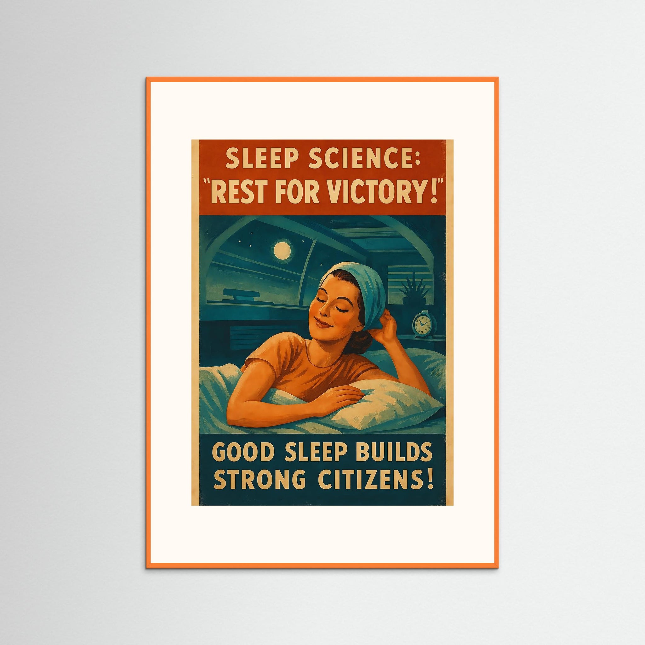 Sleep Science: Rest for Victory als Kunstwerk mit orangem Echtholzrahmen