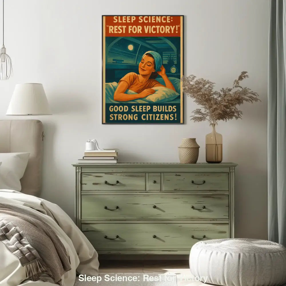 Retro-Poster mit einer lächelnden Frau im Bett, umgeben von Slogans über die Bedeutung von Schlaf für starke Bürger.
