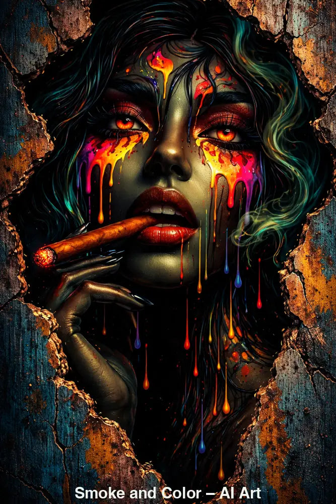 Dunkles Porträt mit rauchender Figur, leuchtenden Augen und fließenden Farbtropfen in intensiver, urbaner AI Art