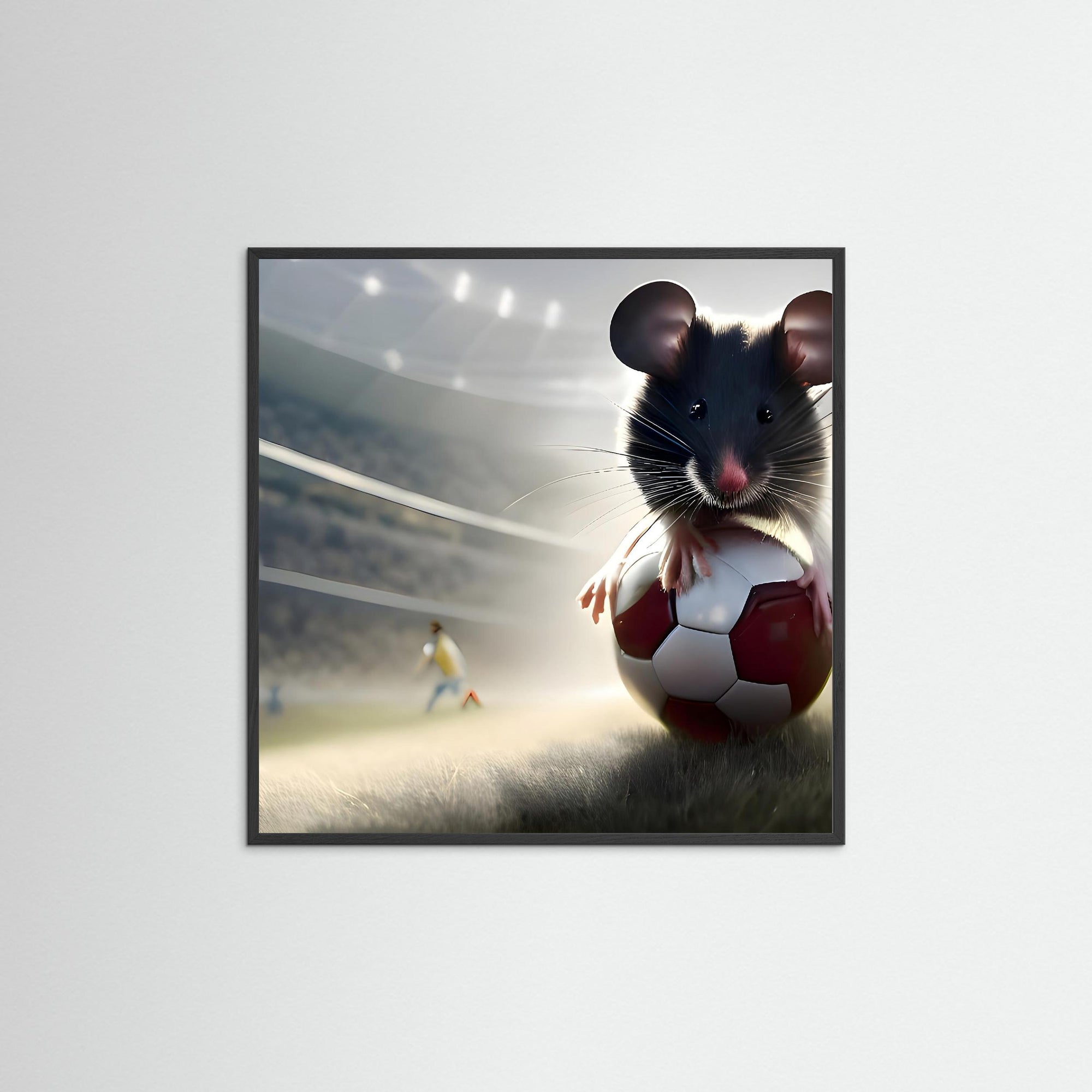 Soccer Mouse als Kunstwerk mit schwarzem Echtholzrahmen