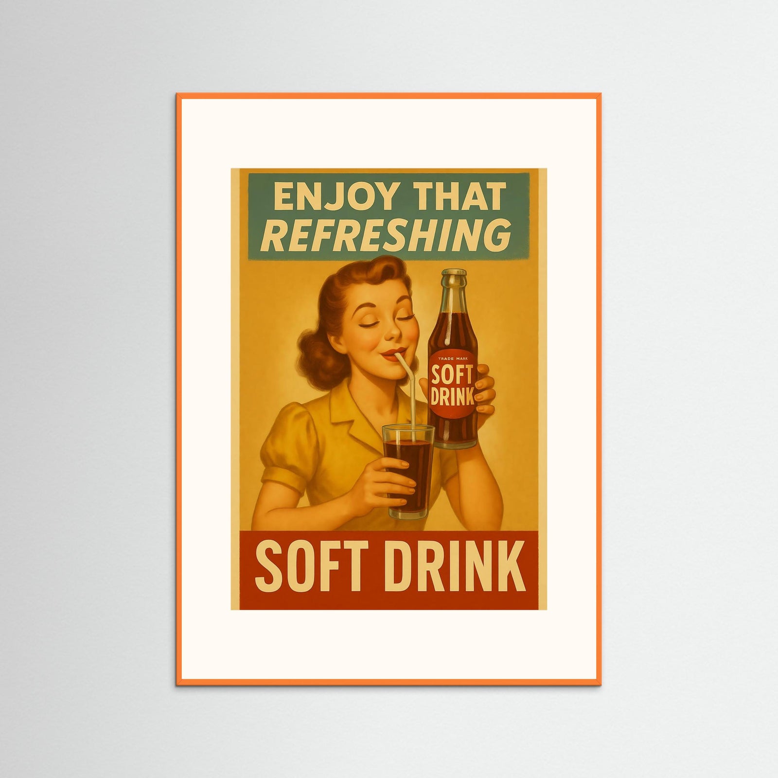 SOFT DRINK als Kunstwerk mit orangem Echtholzrahmen