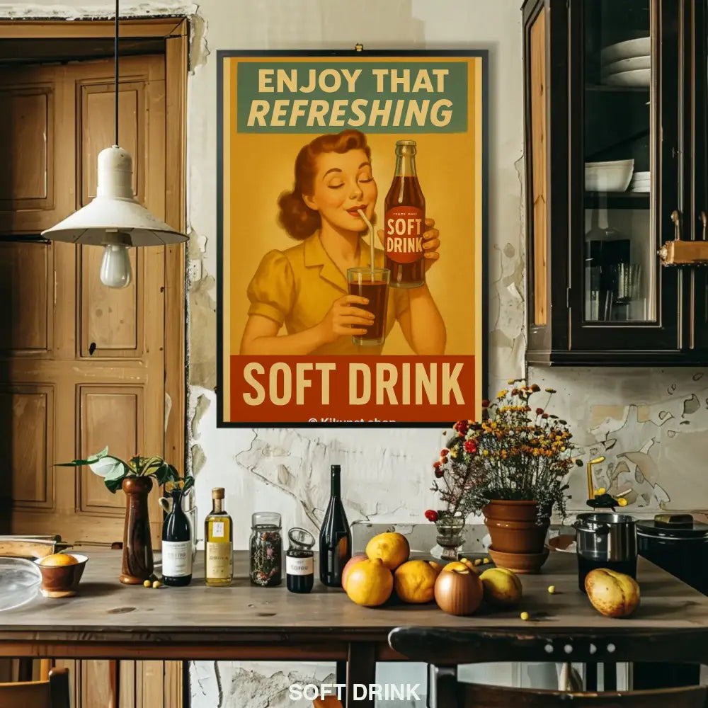Vintage-Werbung mit fröhlicher Frau, die durch einen Strohhalm einen Softdrink genießt – nostalgisches Retro-Design.