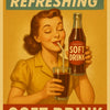 Frau trinkt mit geschlossenen Augen einen Softdrink durch einen Strohhalm – Retro-Werbung mit Nostalgie-Charme.