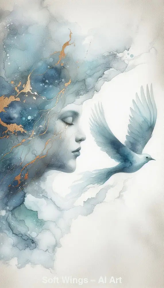 Zartes AI-Kunstwerk mit weiblichem Profil und fliegendem Vogel in Aquarelloptik, das Ruhe, Freiheit und Leichtigkeit symbolisiert