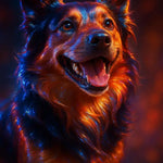 Solar Spirit – AI Art, leuchtender Hund mit orange-blauen Reflexen, strahlend und lebendig dargestellt.