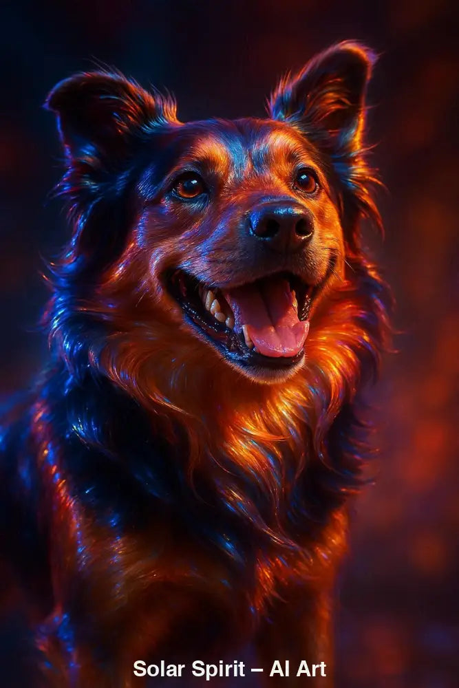 Solar Spirit – AI Art, leuchtender Hund mit orange-blauen Reflexen, strahlend und lebendig dargestellt.