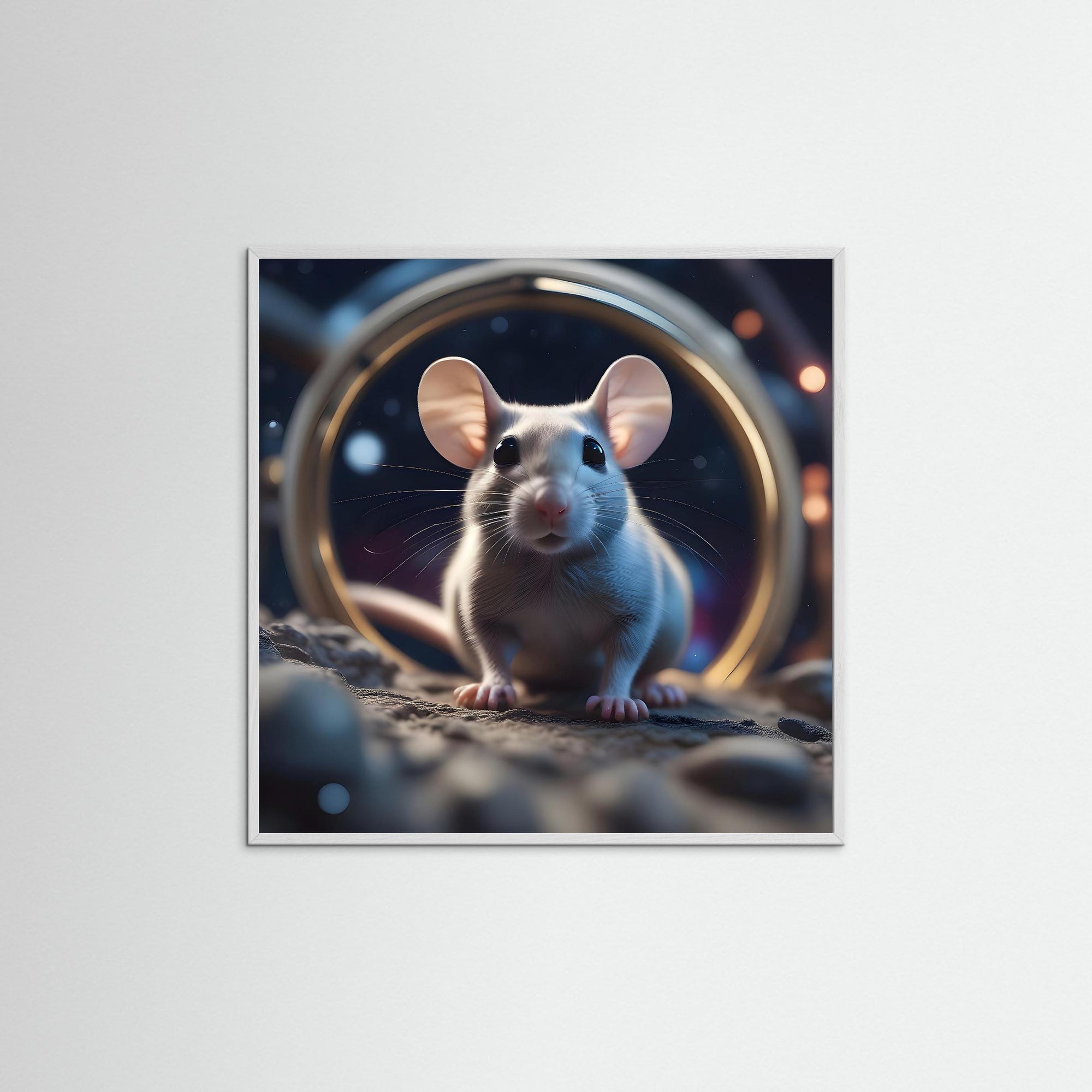 Space Mouse als Kunstmotiv mit weißem Echtholzrahmen