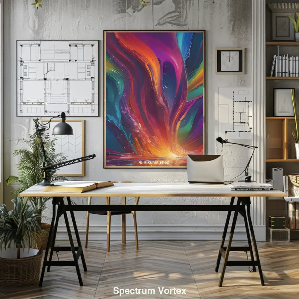 Abstrakter Wirbel aus kräftigen Regenbogenfarben, leuchtend und dynamisch, mit strahlendem Lichtzentrum.