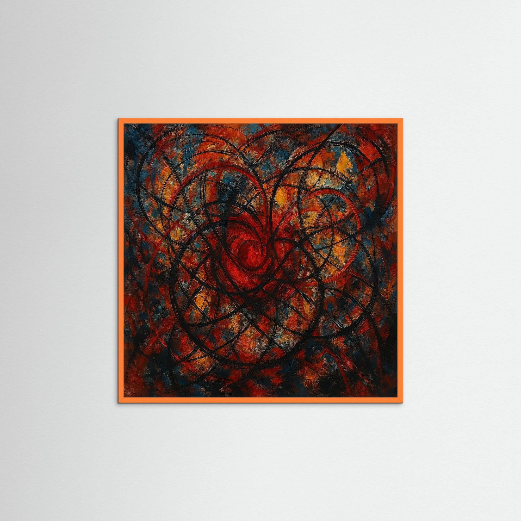 Spiral als Kunstmotiv mit orangem Echtholzrahmen