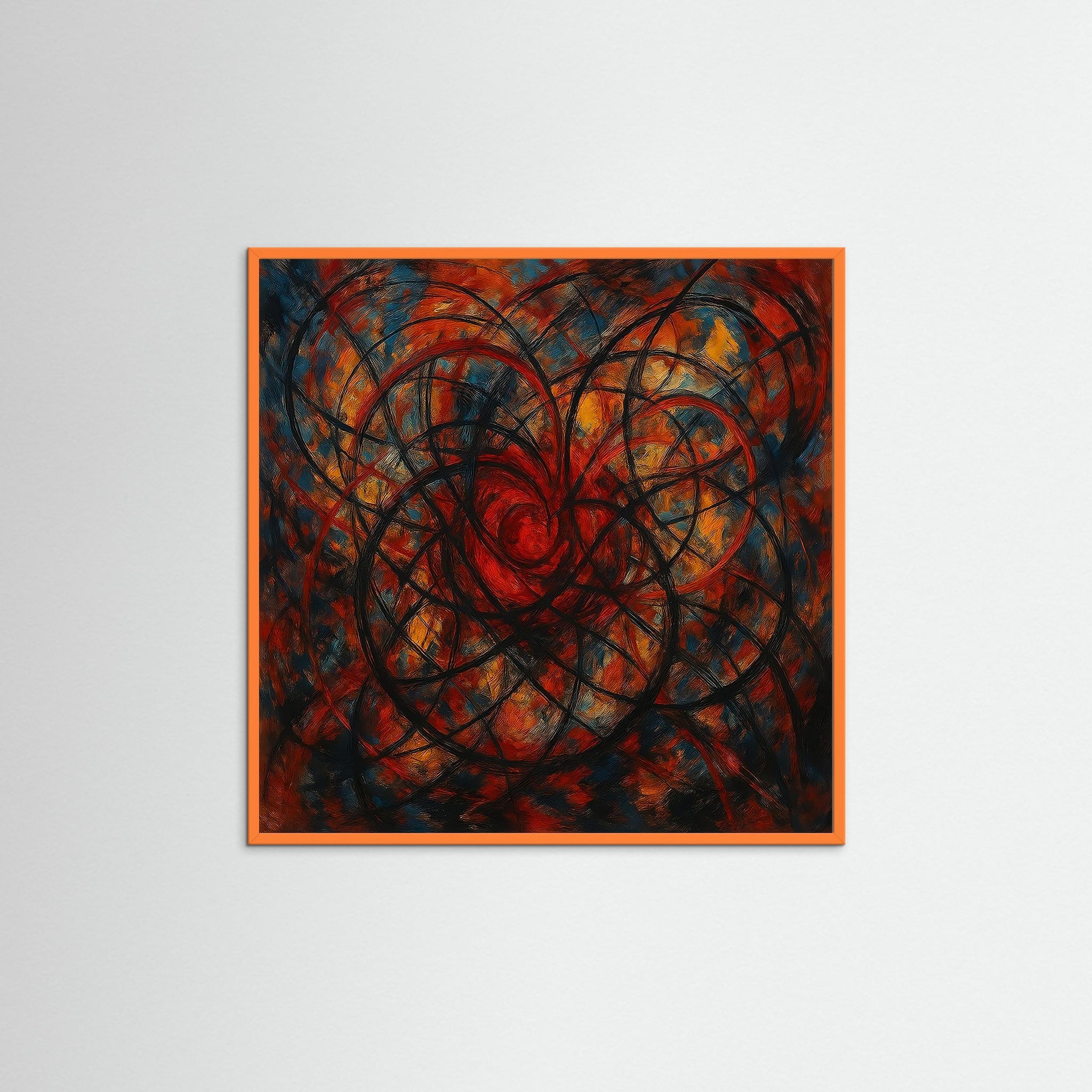 Spiral als Kunstmotiv mit orangem Echtholzrahmen