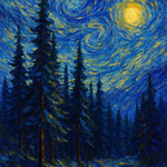 AI Art im Van-Gogh-Stil: Sternenhimmel mit Wirbeln über Tannenwald – digital gemalt