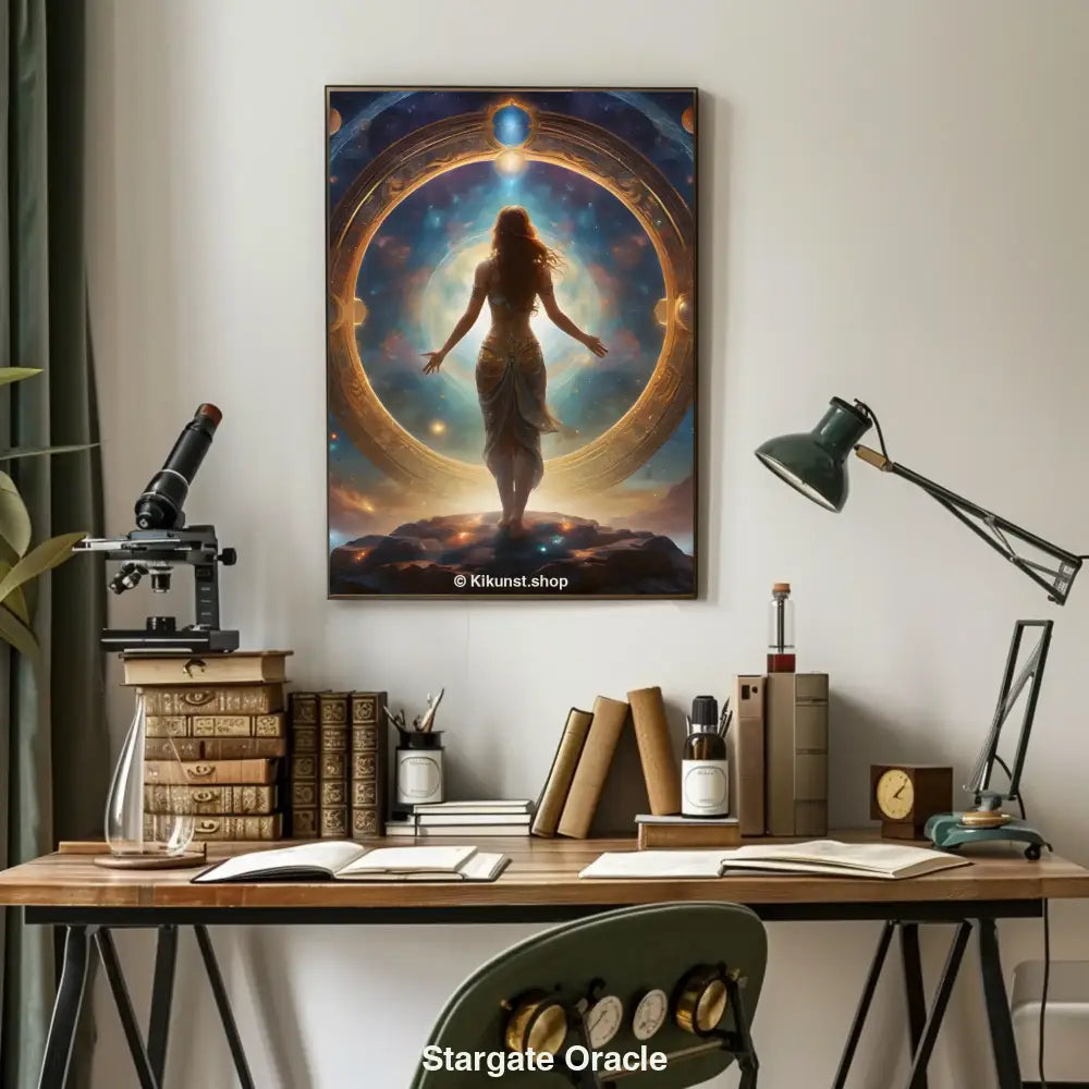 Mockup: Frau vor einem leuchtenden Sternentor im All, galaktische Szene mit Planeten und Licht, digitale Kunstpräsentation