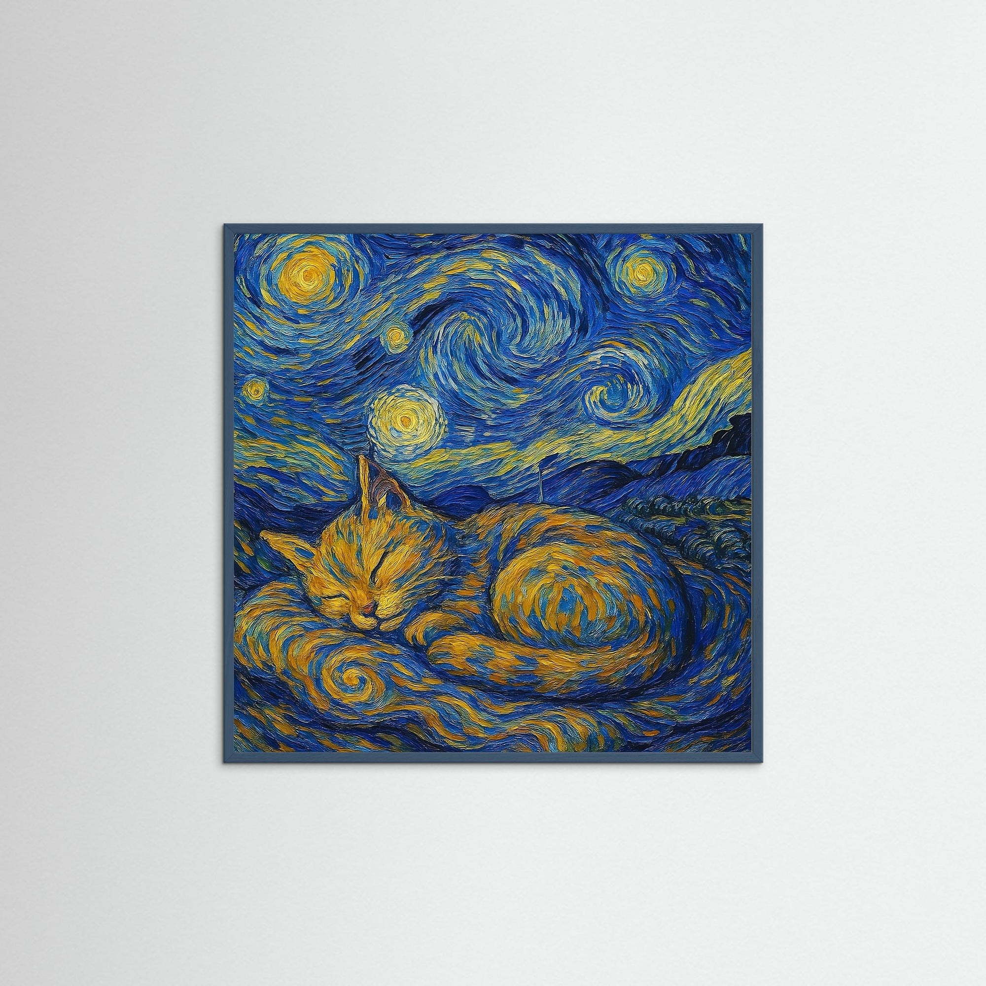 Starry Night Catnap als Kunstmotiv mit Echtholzrahmen in Teal