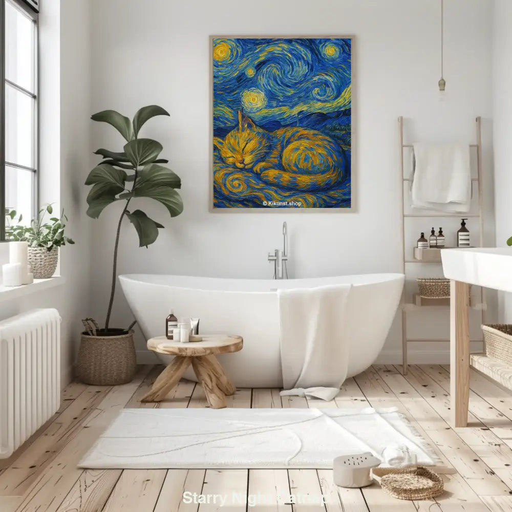 Orangefarbene Katze schläft eingerollt in einer wirbelnden, sternklaren Nacht im Stil von Van Goghs „Sternennacht“.