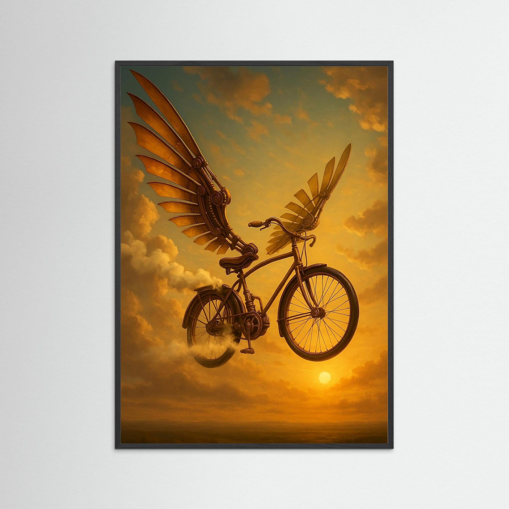 Steampunk Flying Bike als Kunstwerk mit schwarzem Echtholzrahmen