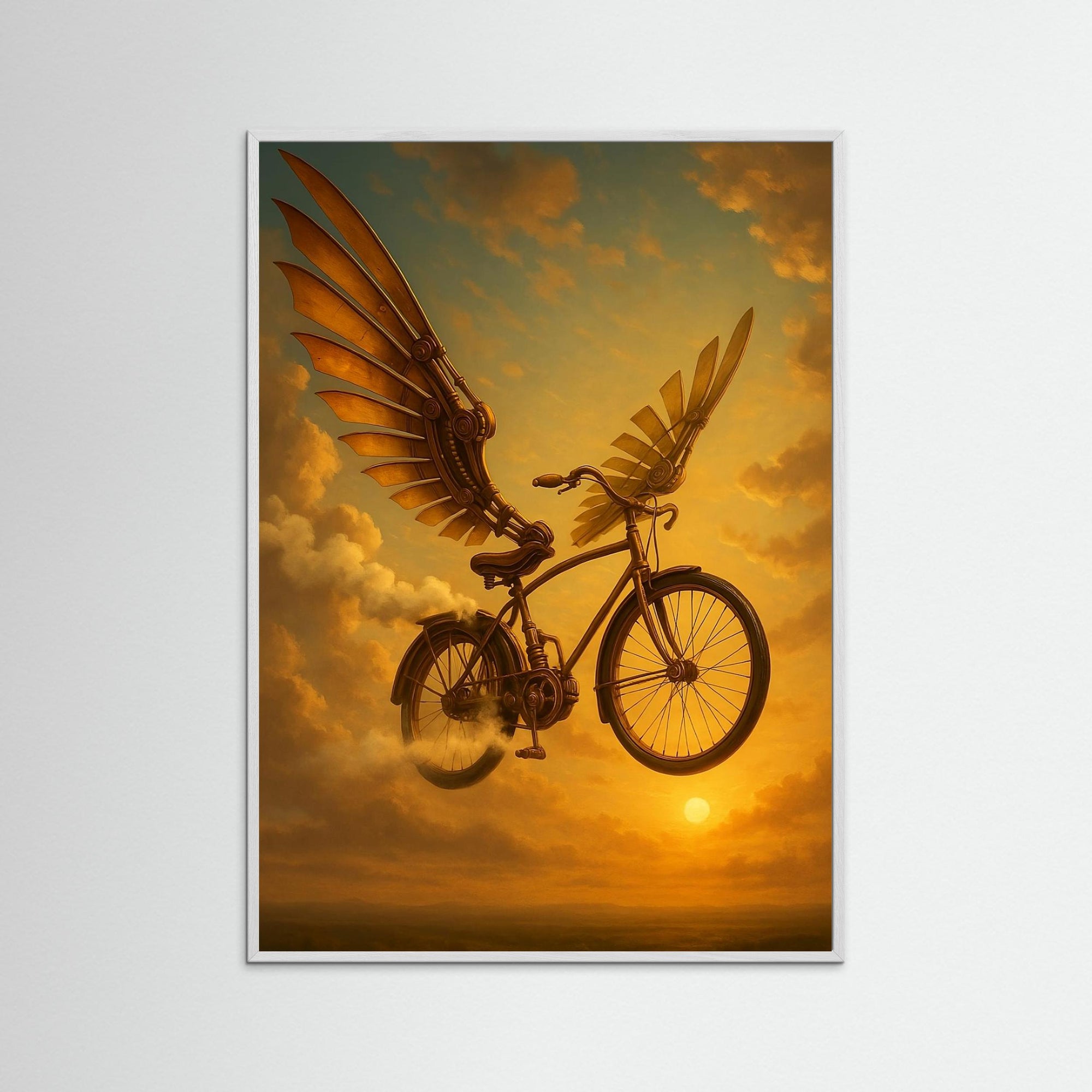 Steampunk Flying Bike als Kunstdruck mit weißem Echtholzrahmen