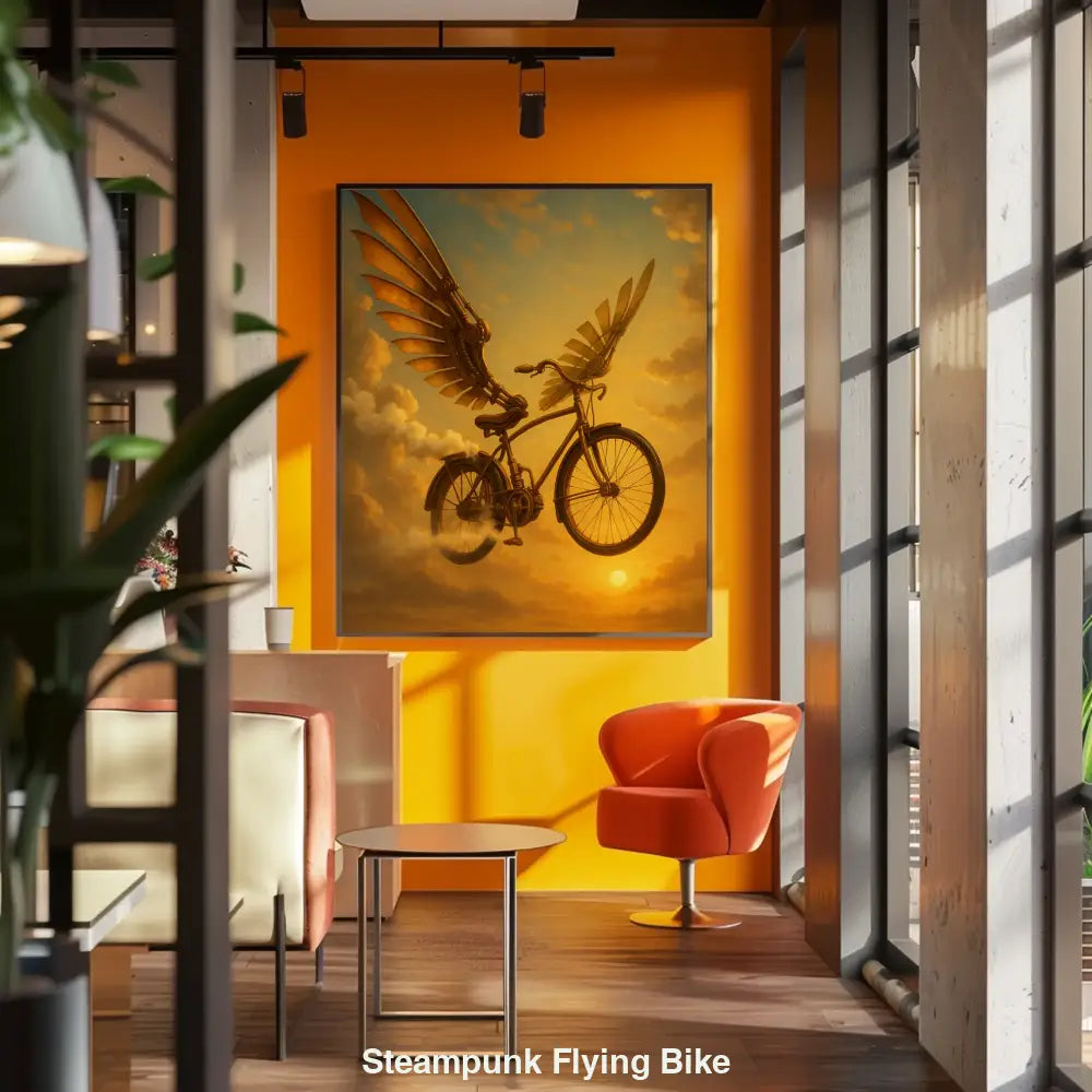 Ein Steampunk-Fahrrad mit bronzenen Flügeln fliegt durch den orangefarbenen Sonnenuntergangshimmel mit Wolken und Dampf.