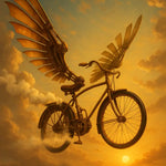 Antikes Steampunk-Flugfahrrad mit metallischen Flügeln vor stimmungsvoller KI-generierter Sonnenuntergangs-Illustration