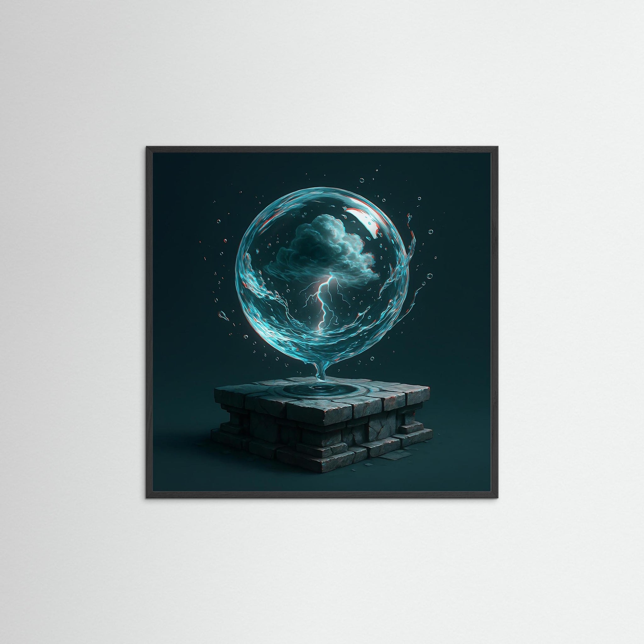 Storm Sphere als Kunstwerk mit schwarzem Echtholzrahmen