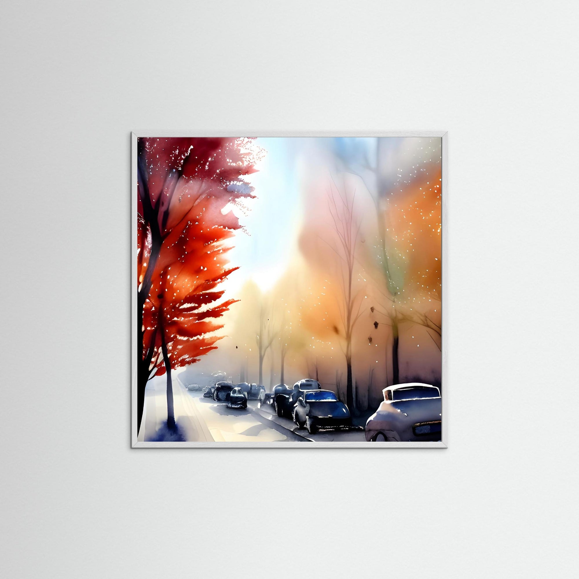 Straße im Nebel als Kunstmotiv mit weißem Echtholzrahmen