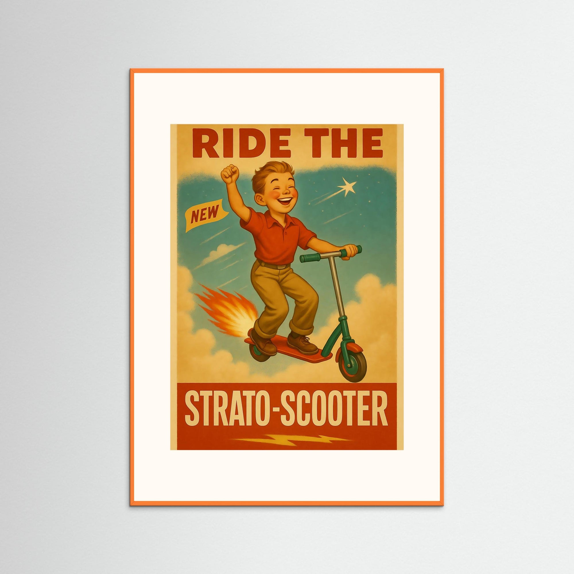 Strato-Scooter als Kunstwerk mit orangem Echtholzrahmen