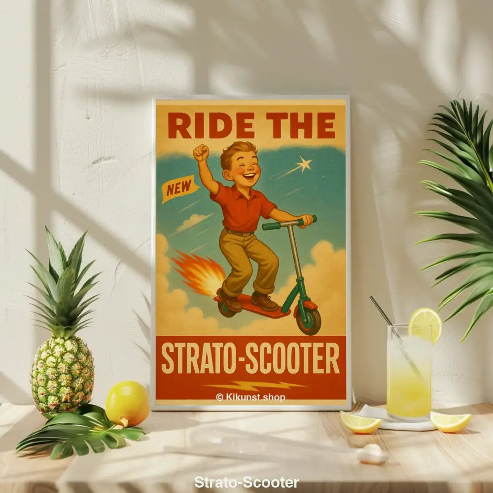 Fröhlicher Junge auf einem fliegenden Strato-Scooter mit Raketenantrieb, umgeben von Wolken und Sternenhimmel im Retro-Stil.