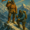 AI Kunstwerk mit zwei Bergsteigern auf schneebedecktem Gipfel – Flagge, Sonne, majestätische Berge
