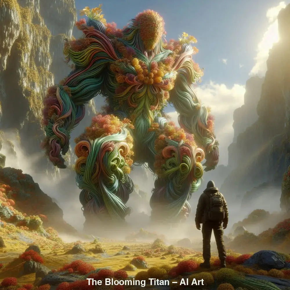 The Blooming Titan – AI Art, riesige Pflanzenkreatur in bunter Berglandschaft mit Mensch im Vordergrund.