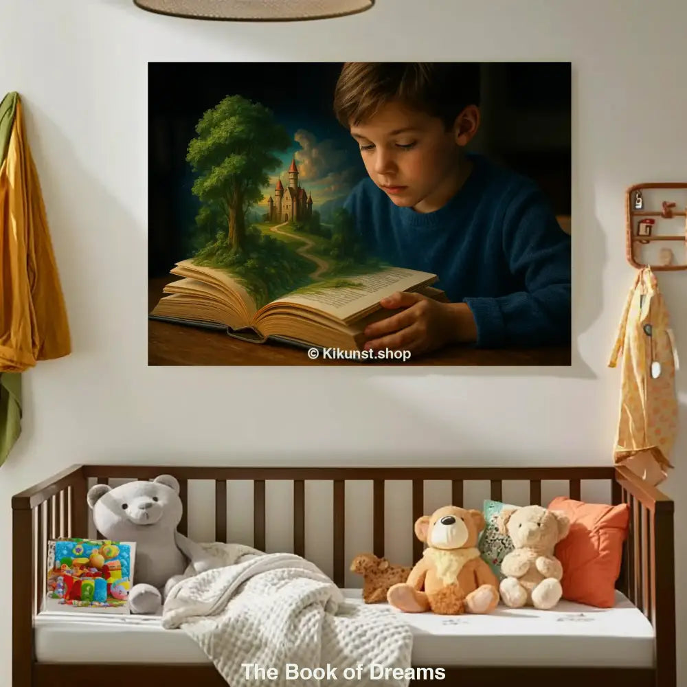 Ein Junge liest ein Buch, aus dem ein Baum und ein Schloss magisch emporsteigen – Symbol für Fantasie und Träume.