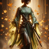 The Emerald Samurai – AI Art, smaragdgrüne Kriegerin mit Schwert, umgeben von goldenen Blättern im mystischen Licht.