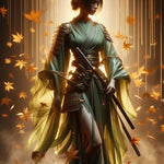 The Emerald Samurai – AI Art, smaragdgrüne Kriegerin mit Schwert, umgeben von goldenen Blättern im mystischen Licht.