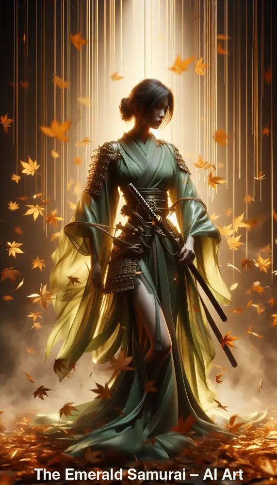 The Emerald Samurai – AI Art, smaragdgrüne Kriegerin mit Schwert, umgeben von goldenen Blättern im mystischen Licht.