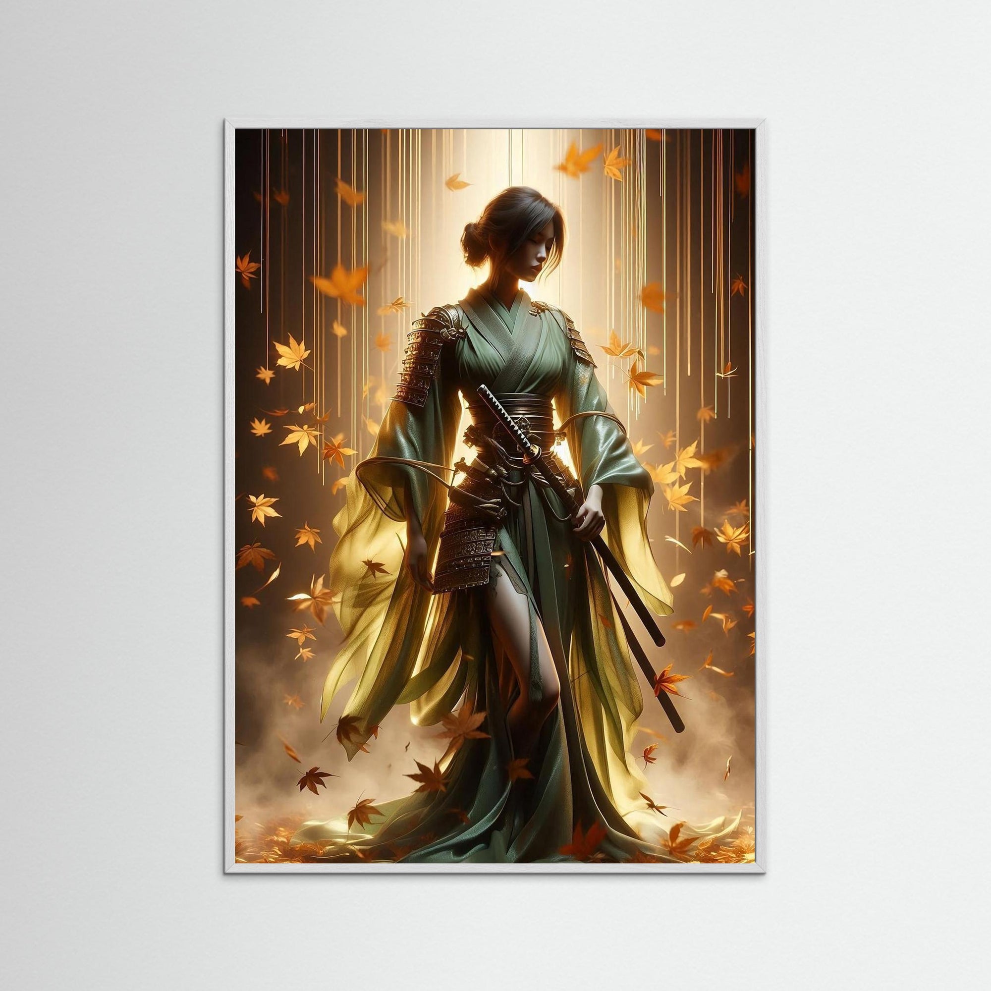 The Emerald Samurai als Kunstmotiv mit weißem Echtholzrahmen