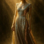 The Gilded Dream – AI Art, Frau im glitzernden Goldkleid im warmen Lichtstrahl, elegant und traumhaft.