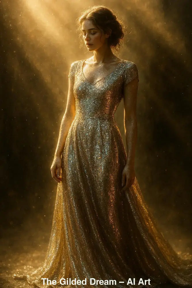 The Gilded Dream – AI Art, Frau im glitzernden Goldkleid im warmen Lichtstrahl, elegant und traumhaft.