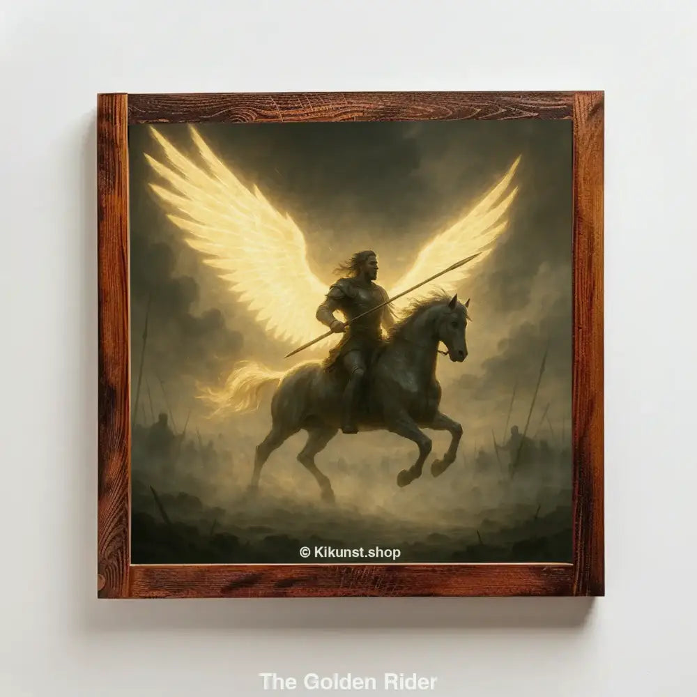 Ein leuchtender Krieger mit goldenen Flügeln reitet auf einem Pferd durch ein Schlachtfeld – Symbol für göttliche Macht und Mut.