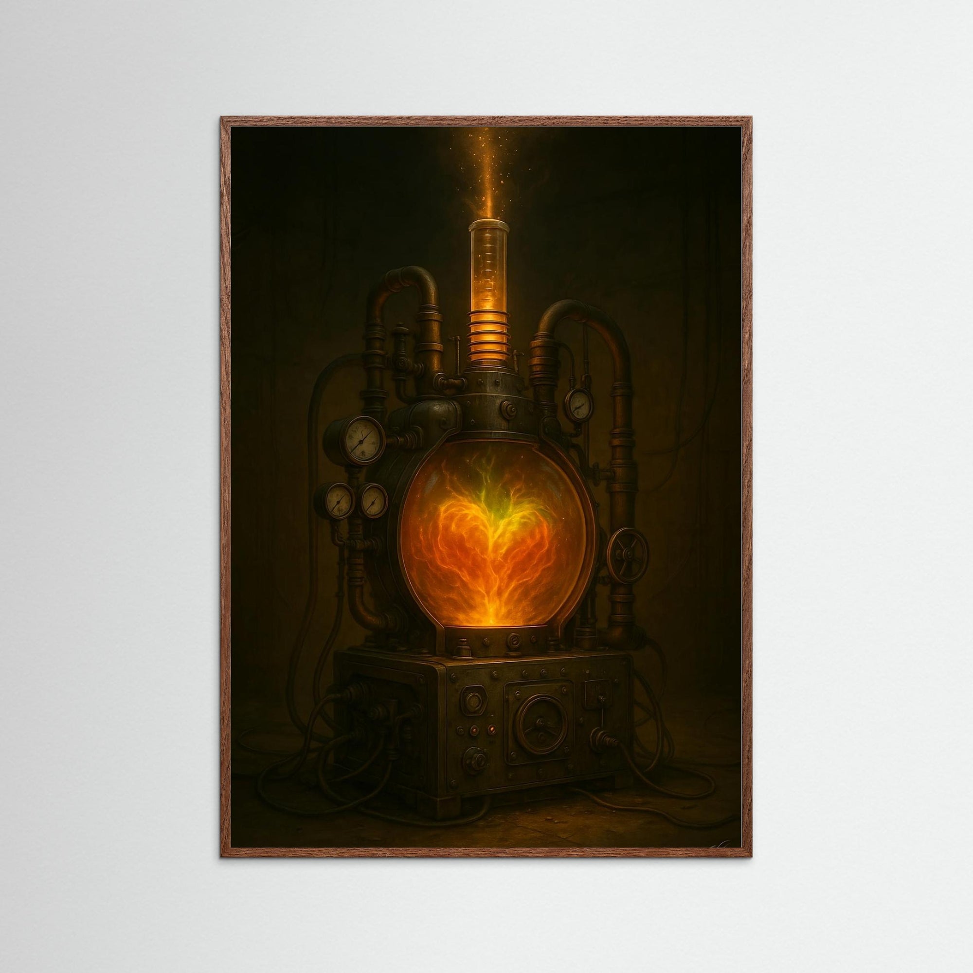 The Heart Engine als Kunstmotiv mit Echtholzrahmen in Eiche Dunkel