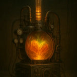 KI-generierte Steampunk-Maschine mit flammendem Herz – Symbol für Emotion, Energie und Technologie im retro-futuristischen Stil