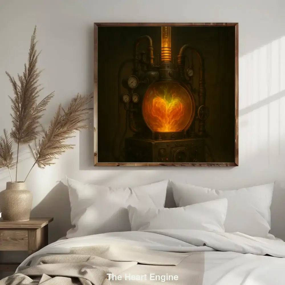 Ein dampfbetriebenes Steampunk-Herz in einer Glasmaschine, das wie eine lebendige Energiequelle pulsiert und Funken versprüht.