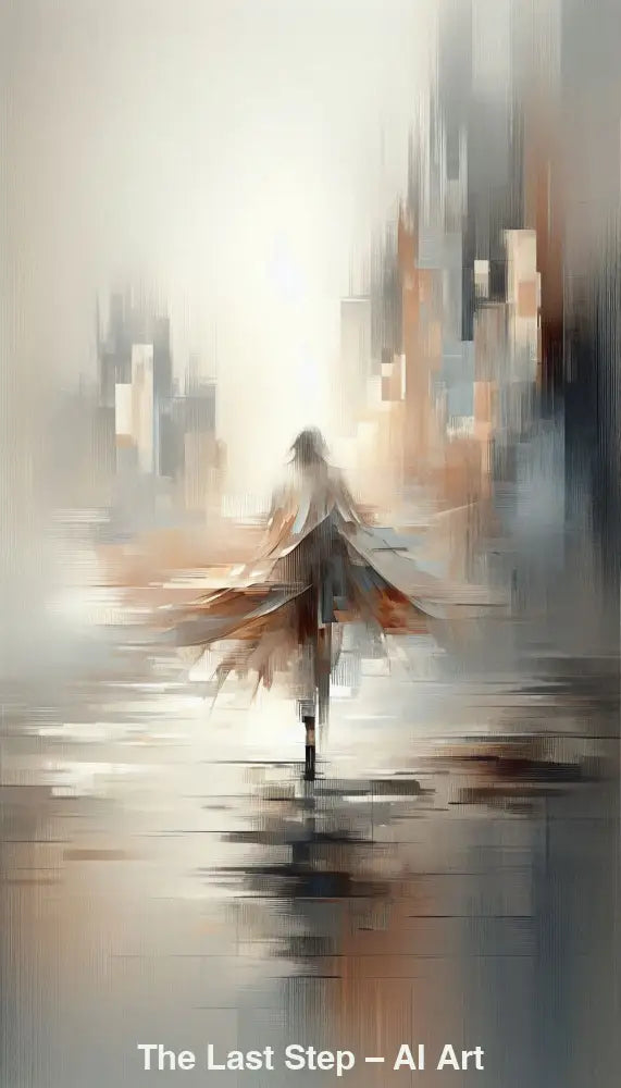 Einsame Figur schreitet durch eine abstrakte Stadtlandschaft aus Licht und Fragmenten und symbolisiert Übergang und Neubeginn