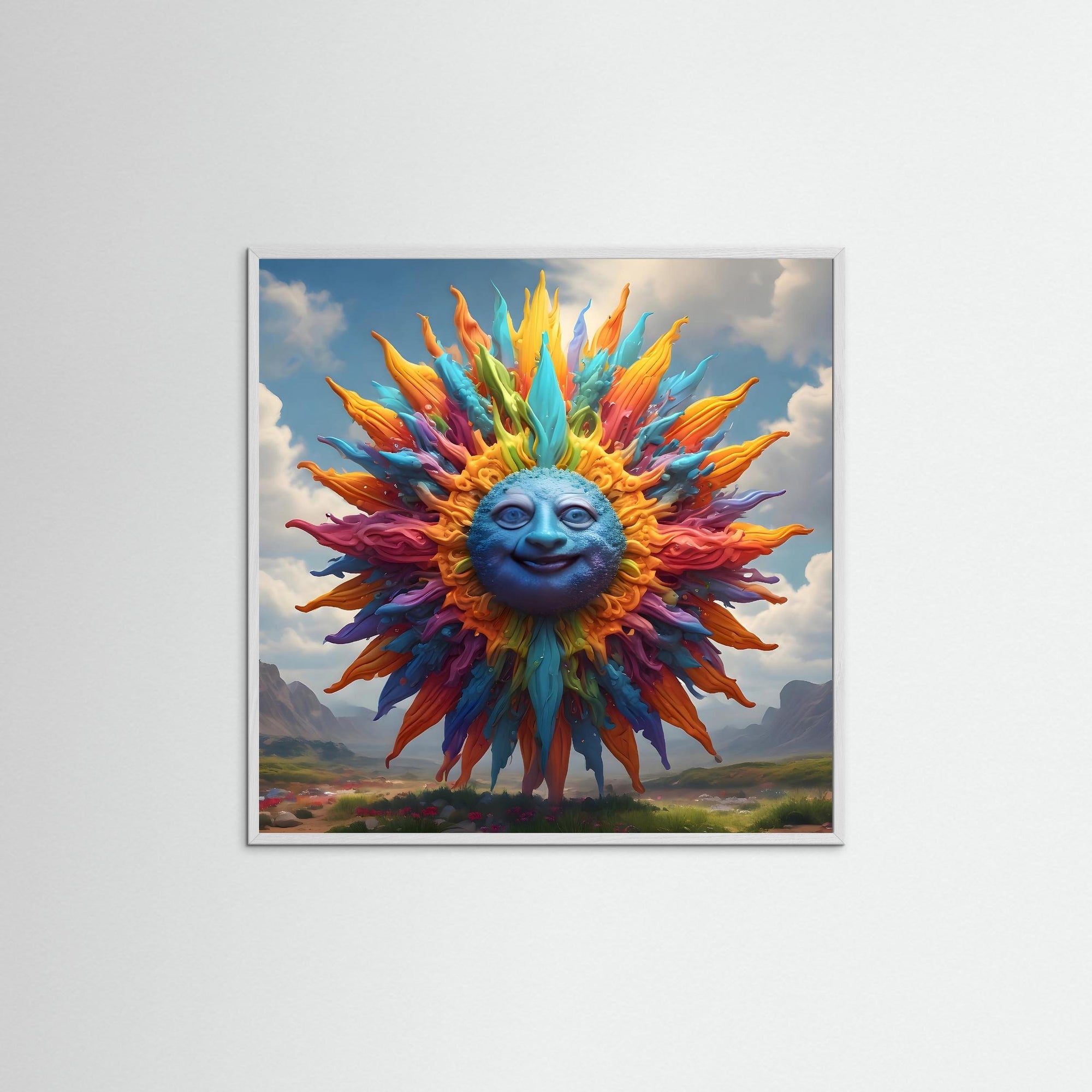 The Laughing Sun als Kunstmotiv mit weißem Echtholzrahmen
