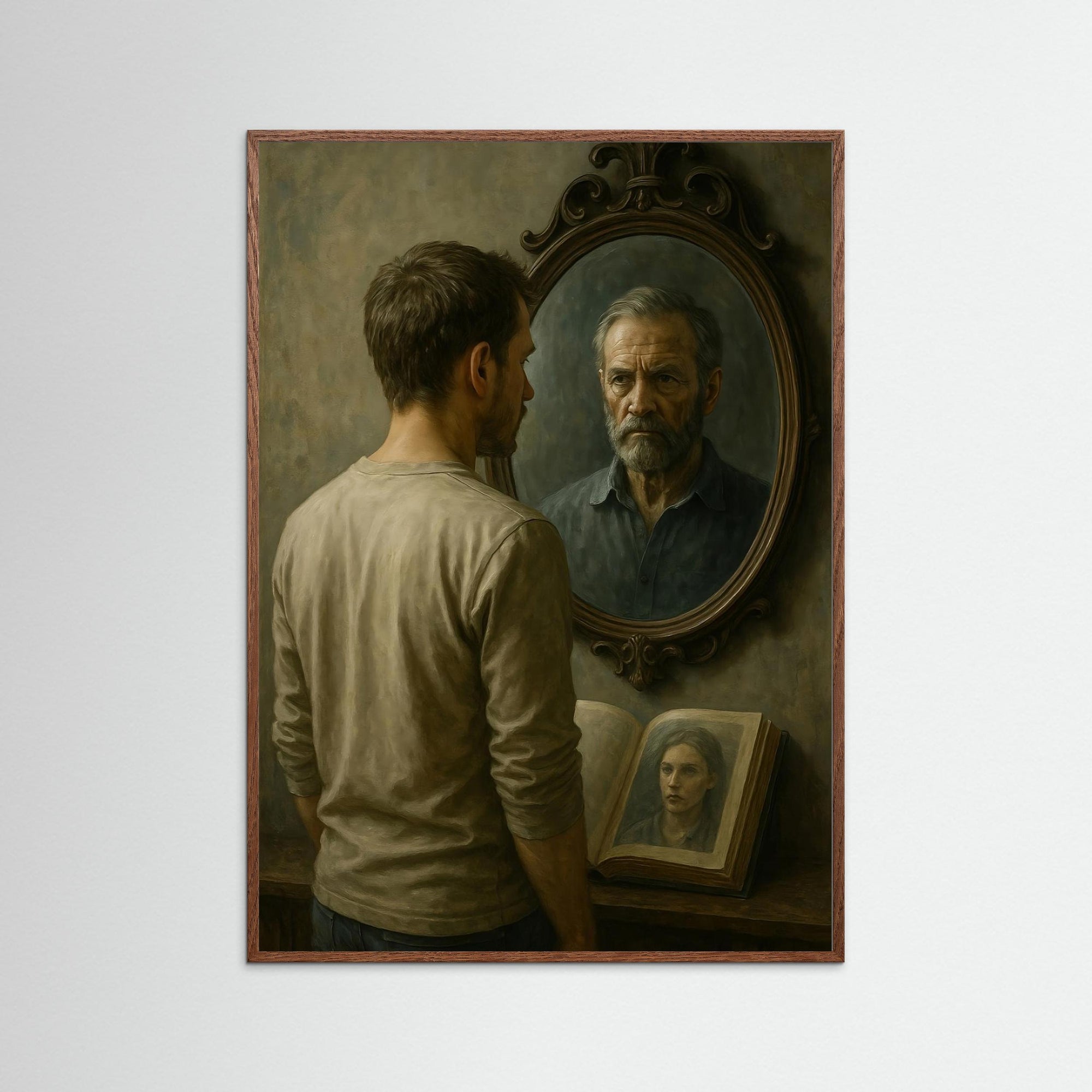The Mirror Remembers als Kunstwerk mit Echtholzrahmen in Eiche Dunkel