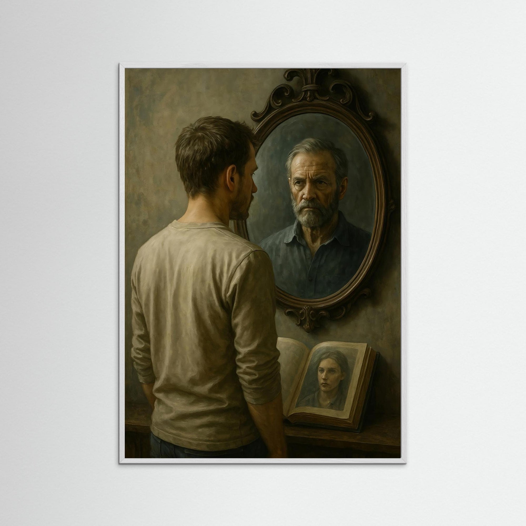 The Mirror Remembers als Kunstmotiv mit weißem Echtholzrahmen