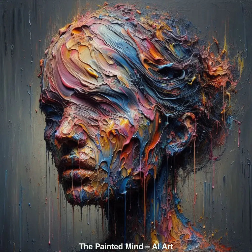 The Painted Mind – AI Art zeigt ein aus dicken, fließenden Farben geformtes Gesicht – ein Symbol für kreative Gedanken und Emotionen.